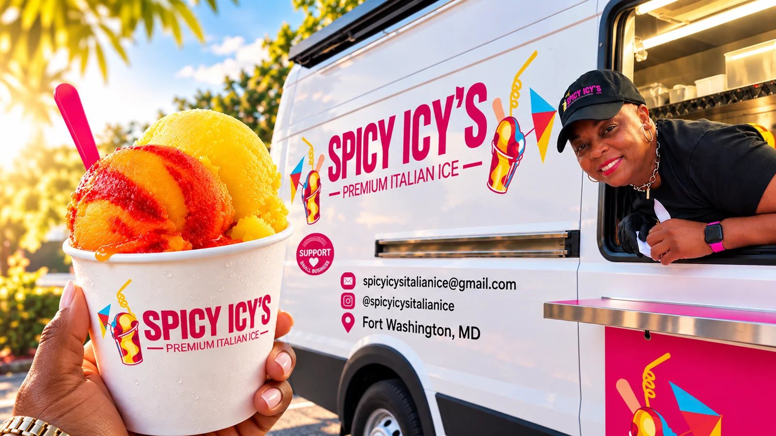 A cup of Spicy Icy's Italian ice beside the branded truck and its owner